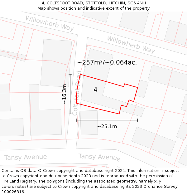 4, COLTSFOOT ROAD, STOTFOLD, HITCHIN, SG5 4NH: Plot and title map