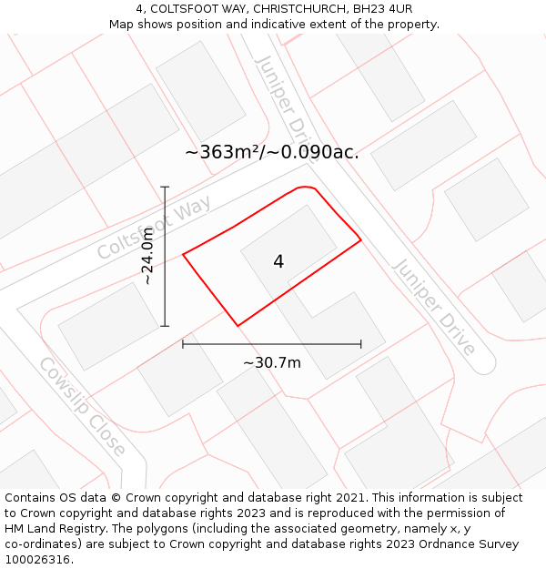 4, COLTSFOOT WAY, CHRISTCHURCH, BH23 4UR: Plot and title map