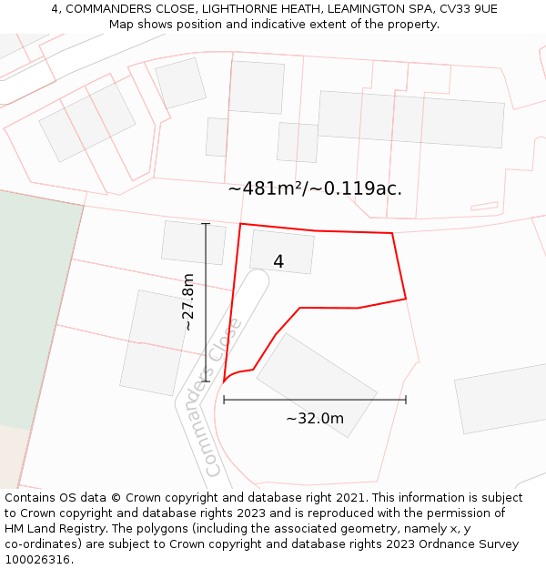 4, COMMANDERS CLOSE, LIGHTHORNE HEATH, LEAMINGTON SPA, CV33 9UE: Plot and title map