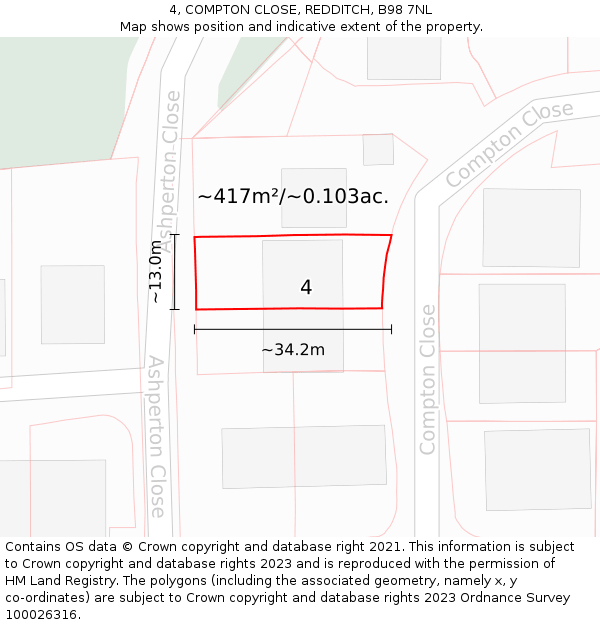 4, COMPTON CLOSE, REDDITCH, B98 7NL: Plot and title map