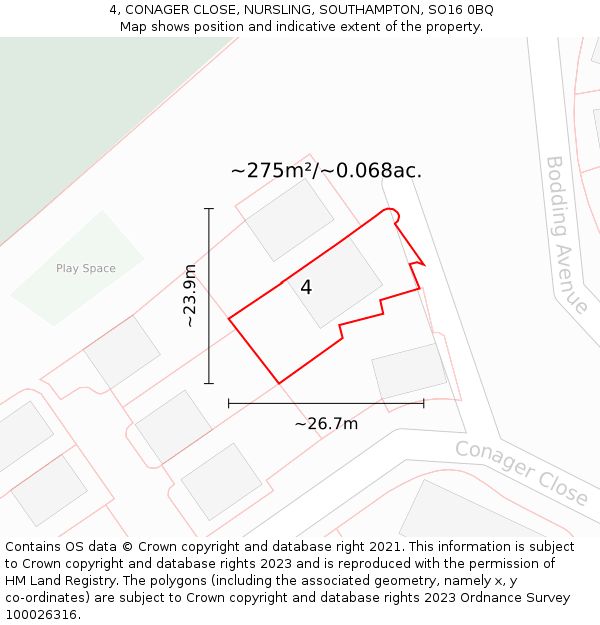 4, CONAGER CLOSE, NURSLING, SOUTHAMPTON, SO16 0BQ: Plot and title map