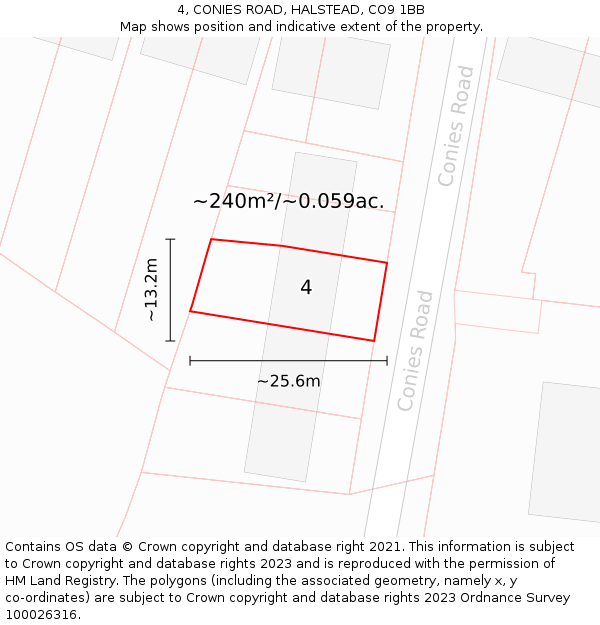 4, CONIES ROAD, HALSTEAD, CO9 1BB: Plot and title map