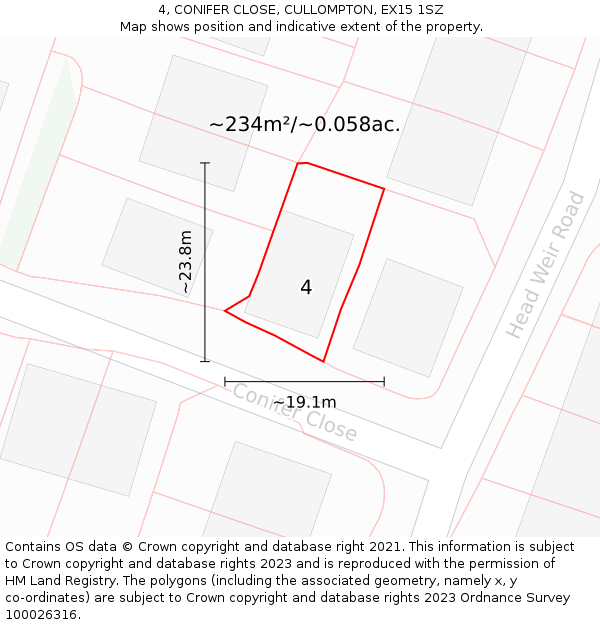 4, CONIFER CLOSE, CULLOMPTON, EX15 1SZ: Plot and title map