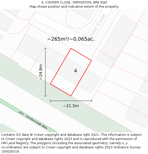 4, CONIFER CLOSE, ORPINGTON, BR6 9QD: Plot and title map