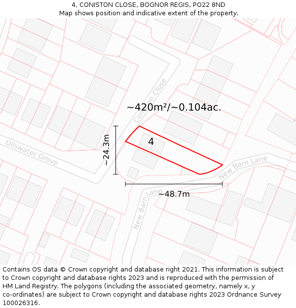 4, CONISTON CLOSE, BOGNOR REGIS, PO22 8ND: Plot and title map