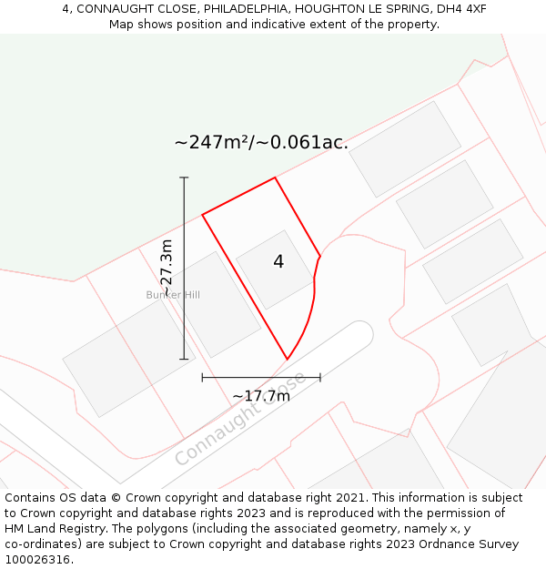 4, CONNAUGHT CLOSE, PHILADELPHIA, HOUGHTON LE SPRING, DH4 4XF: Plot and title map