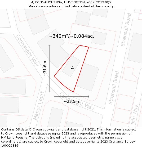 4, CONNAUGHT WAY, HUNTINGTON, YORK, YO32 9QX: Plot and title map