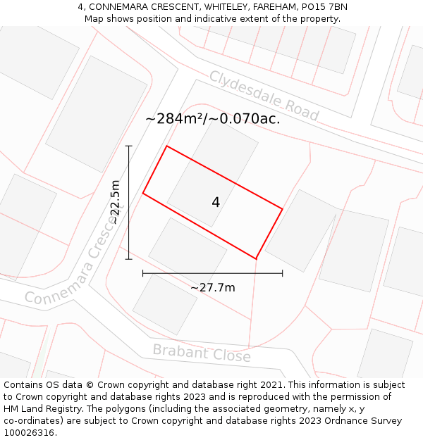 4, CONNEMARA CRESCENT, WHITELEY, FAREHAM, PO15 7BN: Plot and title map