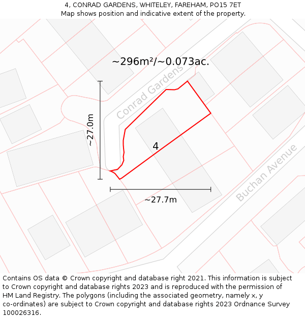 4, CONRAD GARDENS, WHITELEY, FAREHAM, PO15 7ET: Plot and title map