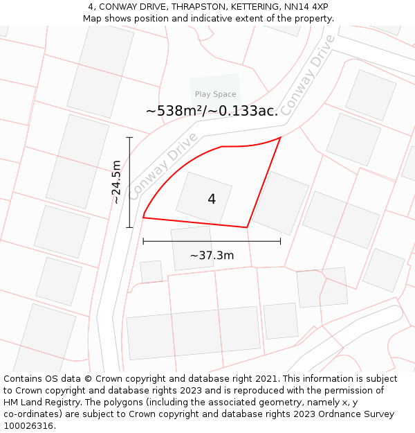 4, CONWAY DRIVE, THRAPSTON, KETTERING, NN14 4XP: Plot and title map