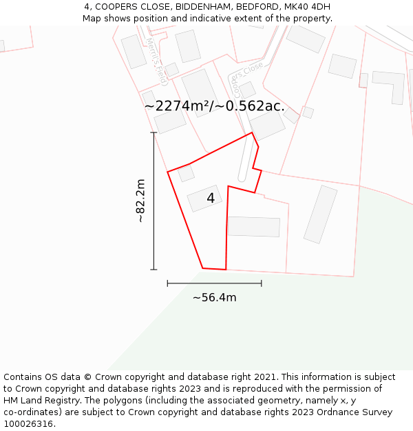 4, COOPERS CLOSE, BIDDENHAM, BEDFORD, MK40 4DH: Plot and title map