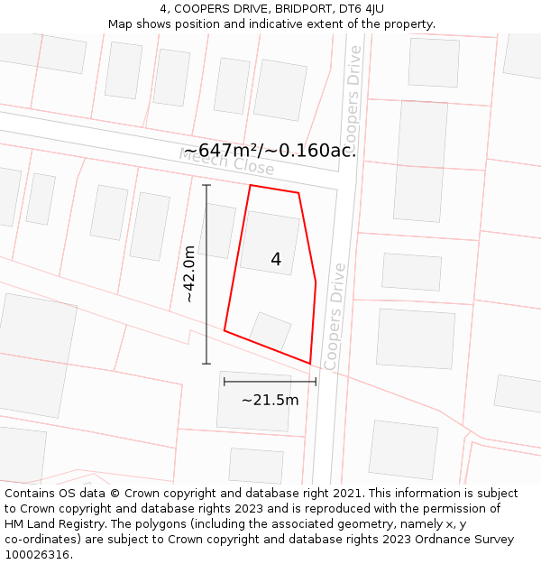 4, COOPERS DRIVE, BRIDPORT, DT6 4JU: Plot and title map