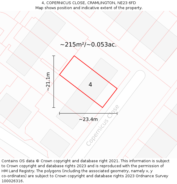 4, COPERNICUS CLOSE, CRAMLINGTON, NE23 6FD: Plot and title map