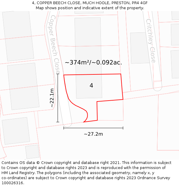 4, COPPER BEECH CLOSE, MUCH HOOLE, PRESTON, PR4 4GF: Plot and title map
