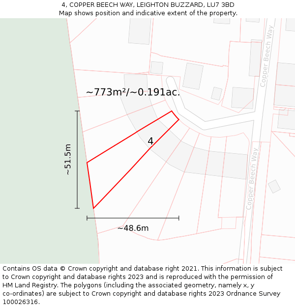 4, COPPER BEECH WAY, LEIGHTON BUZZARD, LU7 3BD: Plot and title map