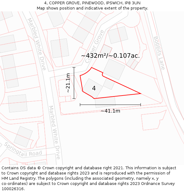 4, COPPER GROVE, PINEWOOD, IPSWICH, IP8 3UN: Plot and title map