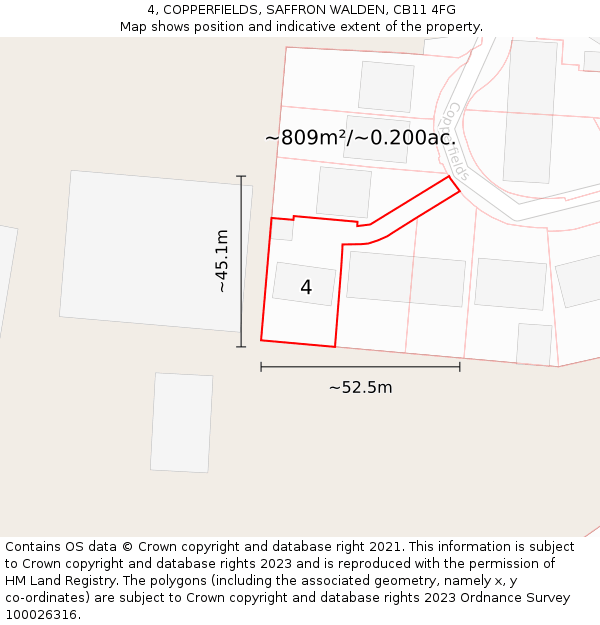 4, COPPERFIELDS, SAFFRON WALDEN, CB11 4FG: Plot and title map