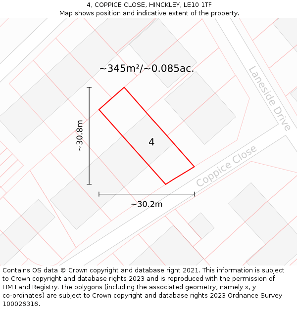 4, COPPICE CLOSE, HINCKLEY, LE10 1TF: Plot and title map