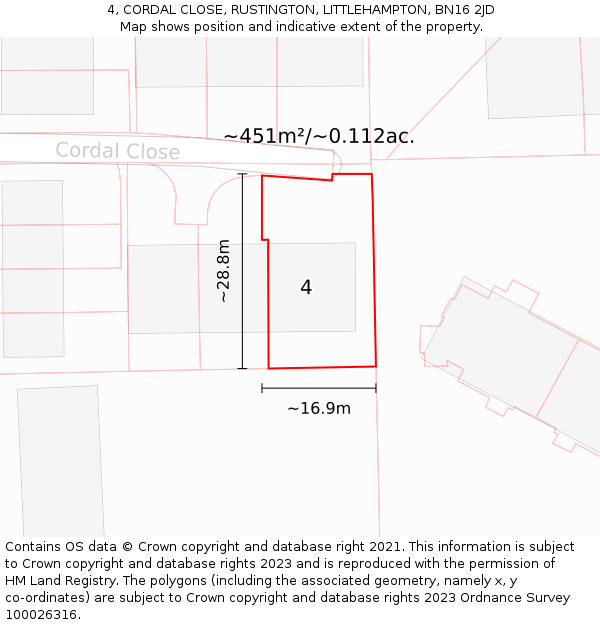 4, CORDAL CLOSE, RUSTINGTON, LITTLEHAMPTON, BN16 2JD: Plot and title map