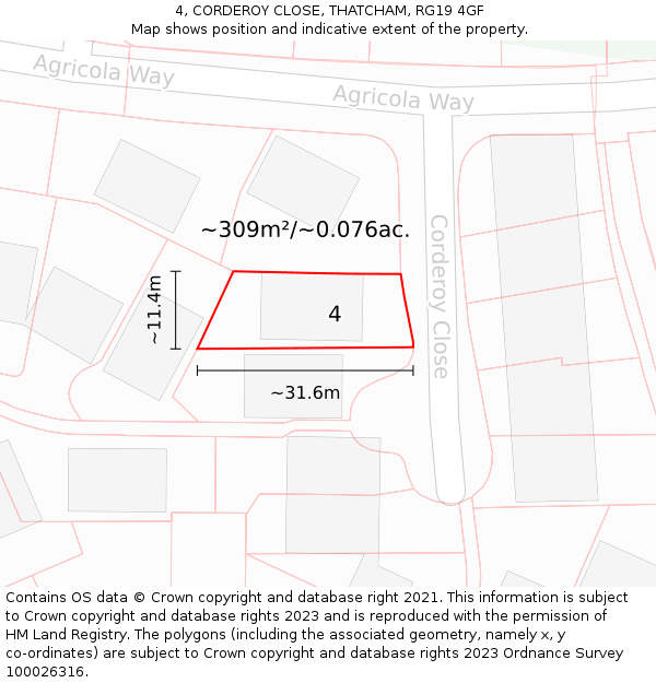 4, CORDEROY CLOSE, THATCHAM, RG19 4GF: Plot and title map