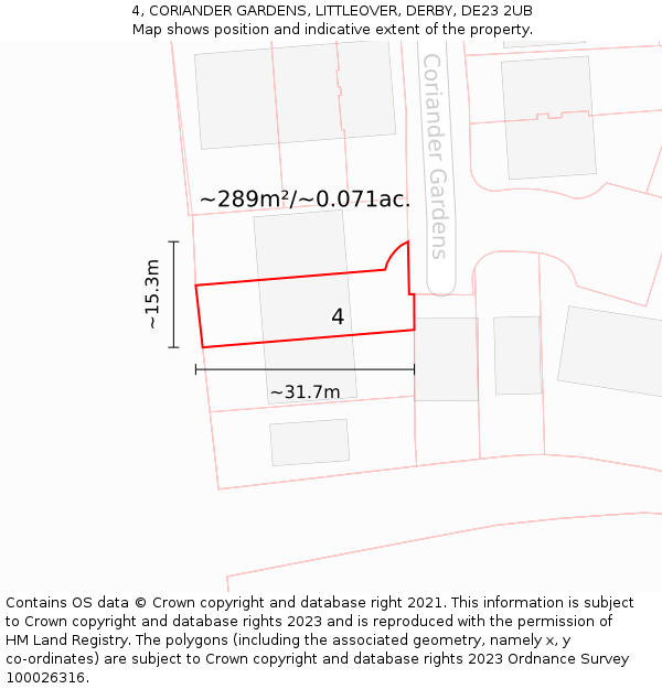 4, CORIANDER GARDENS, LITTLEOVER, DERBY, DE23 2UB: Plot and title map