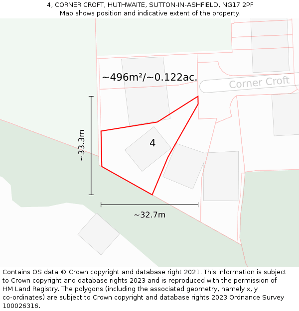 4, CORNER CROFT, HUTHWAITE, SUTTON-IN-ASHFIELD, NG17 2PF: Plot and title map