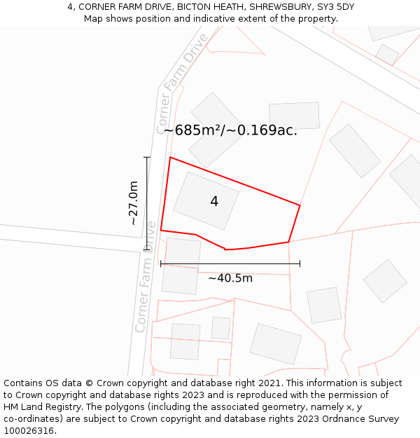 4, CORNER FARM DRIVE, BICTON HEATH, SHREWSBURY, SY3 5DY: Plot and title map