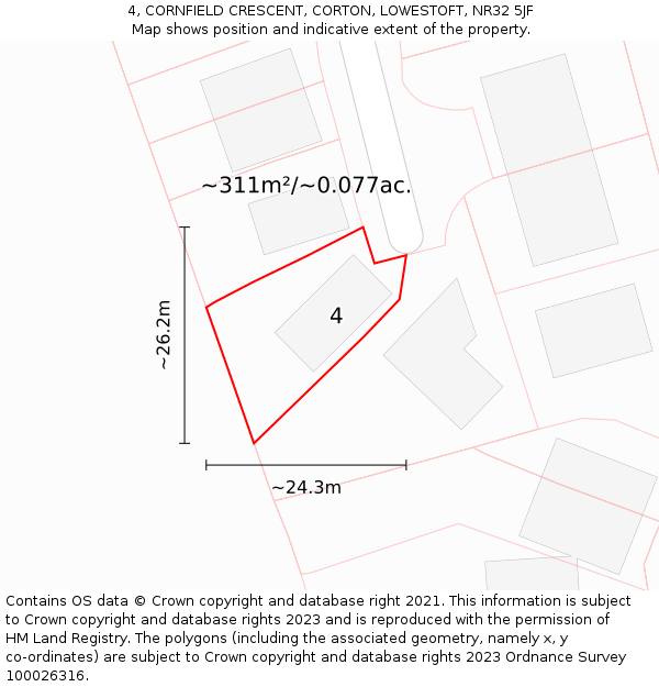 4, CORNFIELD CRESCENT, CORTON, LOWESTOFT, NR32 5JF: Plot and title map