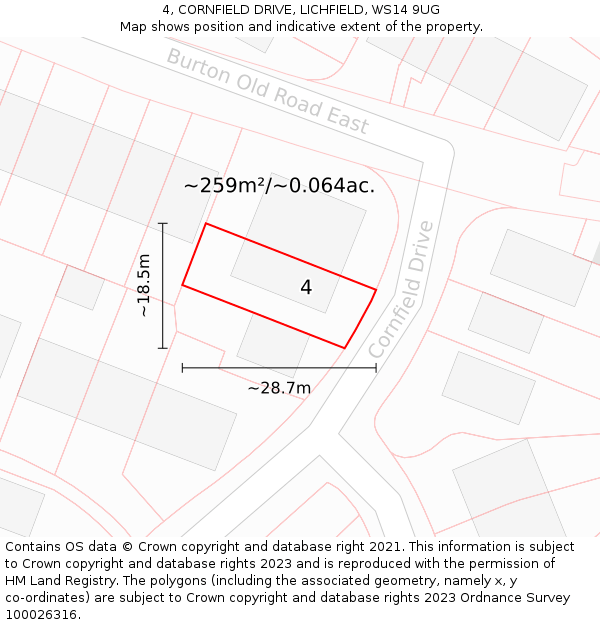 4, CORNFIELD DRIVE, LICHFIELD, WS14 9UG: Plot and title map
