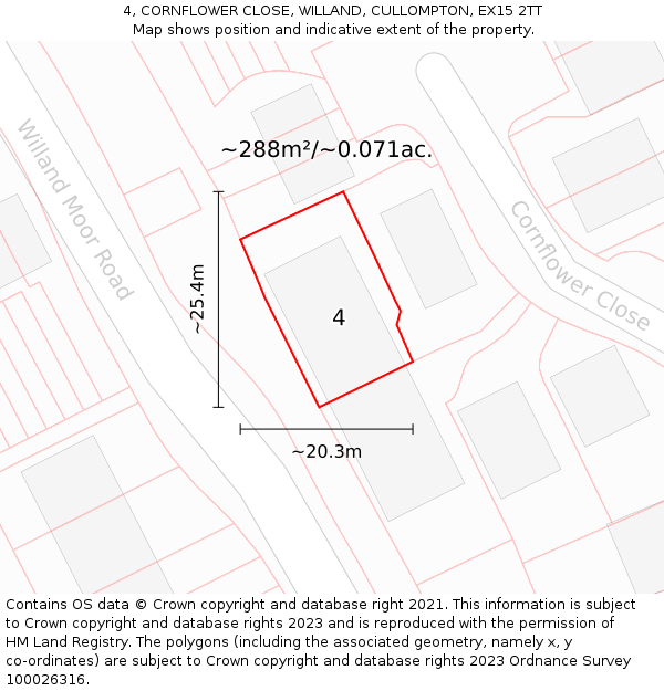 4, CORNFLOWER CLOSE, WILLAND, CULLOMPTON, EX15 2TT: Plot and title map