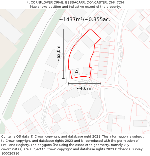 4, CORNFLOWER DRIVE, BESSACARR, DONCASTER, DN4 7DH: Plot and title map