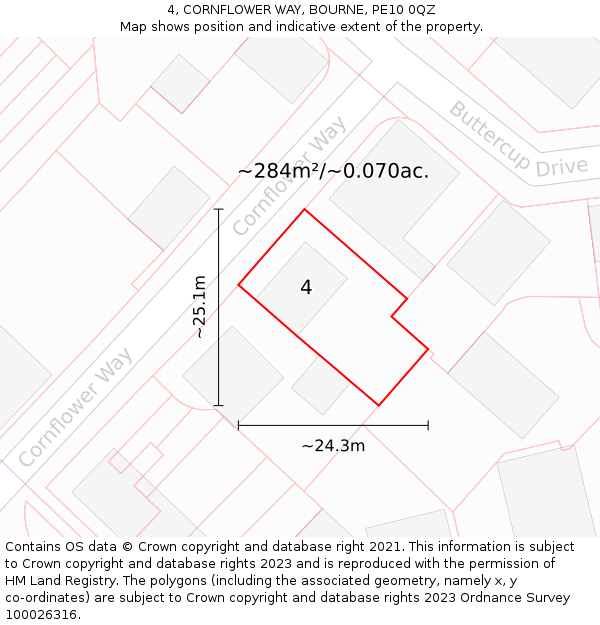 4, CORNFLOWER WAY, BOURNE, PE10 0QZ: Plot and title map