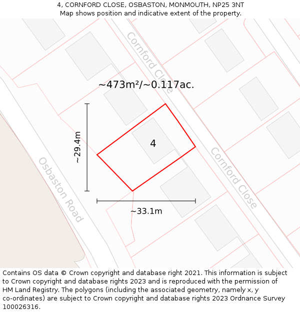4, CORNFORD CLOSE, OSBASTON, MONMOUTH, NP25 3NT: Plot and title map