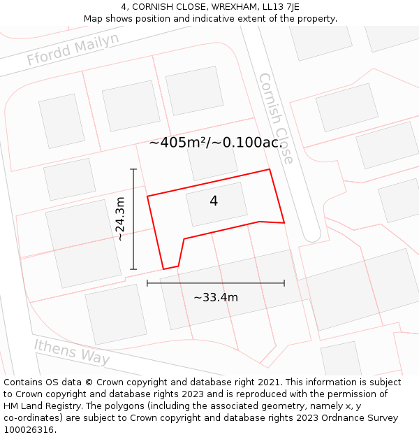 4, CORNISH CLOSE, WREXHAM, LL13 7JE: Plot and title map