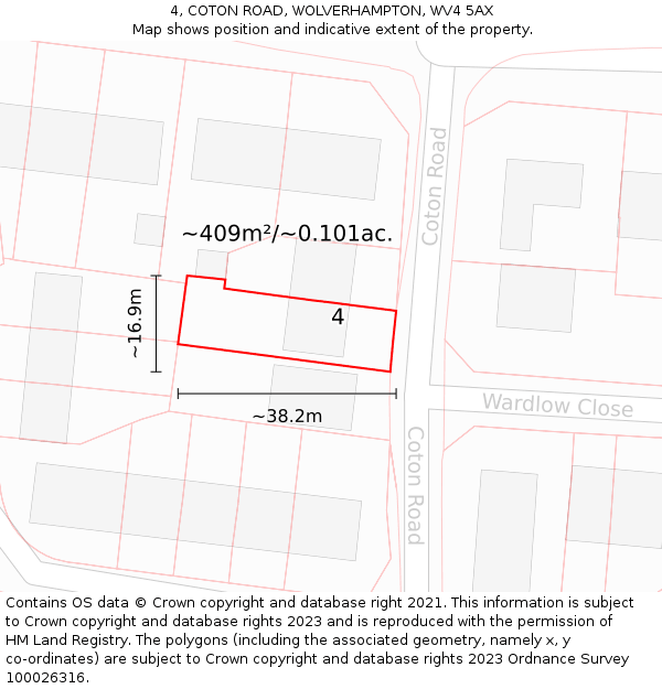 4, COTON ROAD, WOLVERHAMPTON, WV4 5AX: Plot and title map