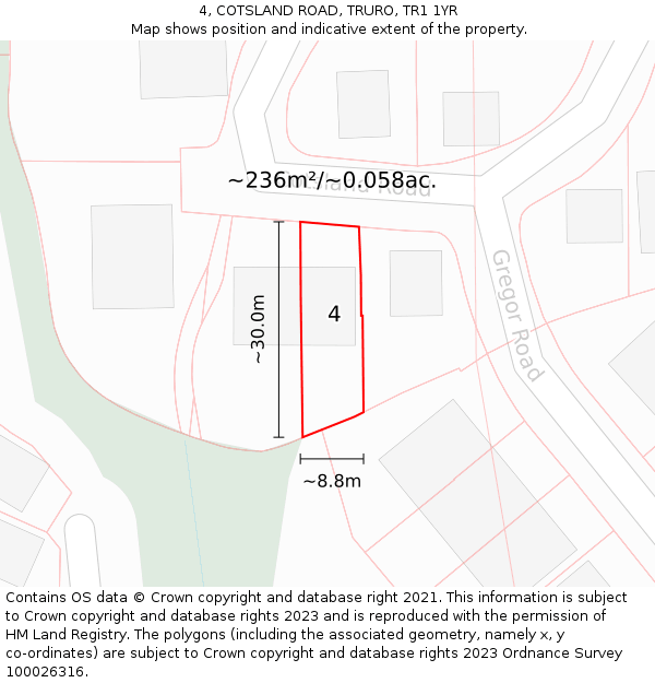 4, COTSLAND ROAD, TRURO, TR1 1YR: Plot and title map