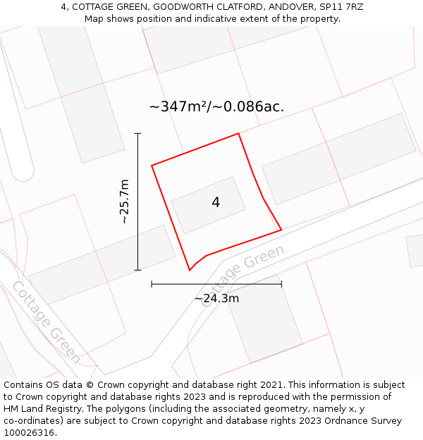 4, COTTAGE GREEN, GOODWORTH CLATFORD, ANDOVER, SP11 7RZ: Plot and title map