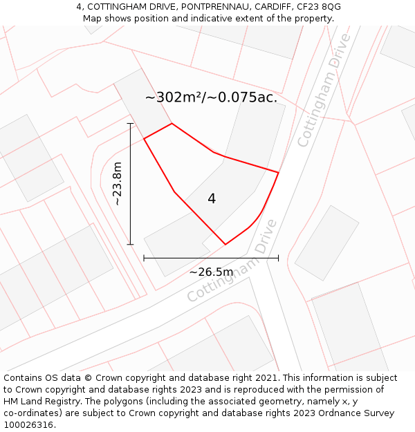 4, COTTINGHAM DRIVE, PONTPRENNAU, CARDIFF, CF23 8QG: Plot and title map