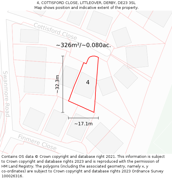 4, COTTISFORD CLOSE, LITTLEOVER, DERBY, DE23 3SL: Plot and title map