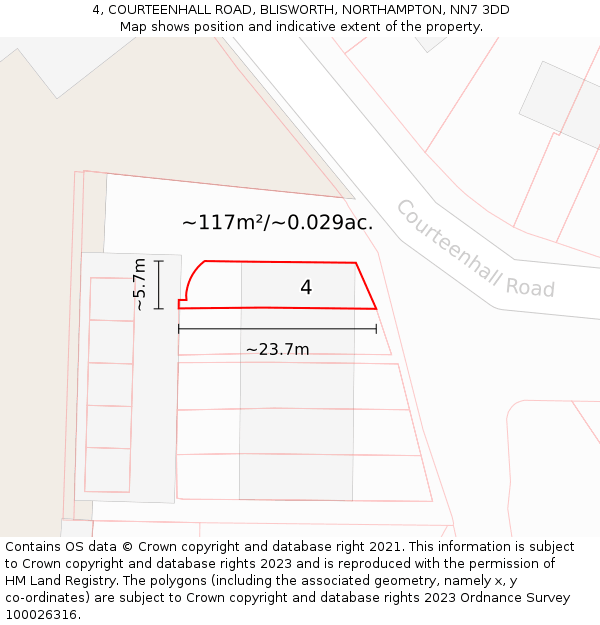 4, COURTEENHALL ROAD, BLISWORTH, NORTHAMPTON, NN7 3DD: Plot and title map