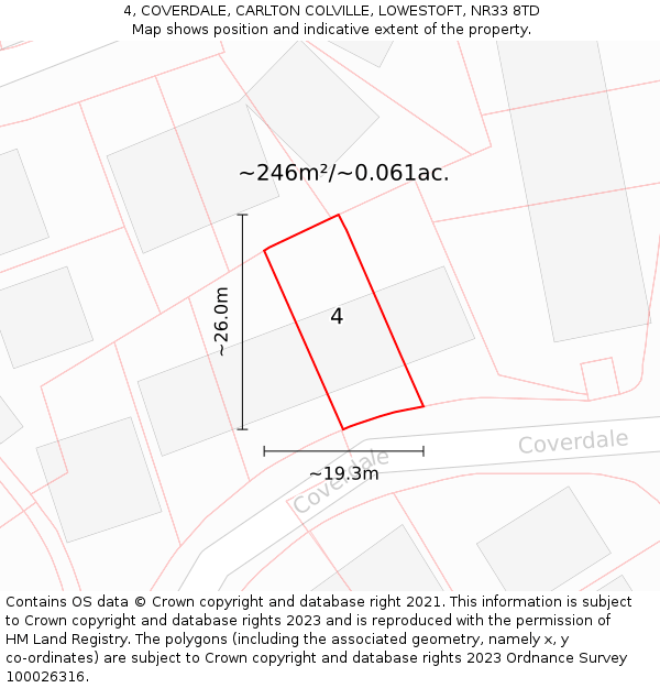 4, COVERDALE, CARLTON COLVILLE, LOWESTOFT, NR33 8TD: Plot and title map