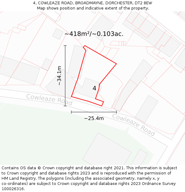 4, COWLEAZE ROAD, BROADMAYNE, DORCHESTER, DT2 8EW: Plot and title map