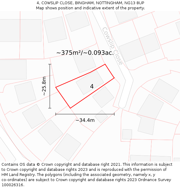4, COWSLIP CLOSE, BINGHAM, NOTTINGHAM, NG13 8UP: Plot and title map