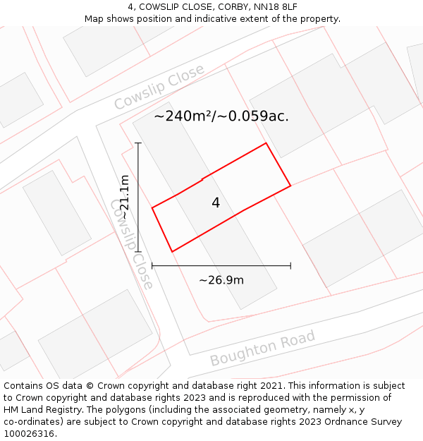 4, COWSLIP CLOSE, CORBY, NN18 8LF: Plot and title map