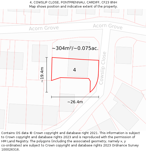 4, COWSLIP CLOSE, PONTPRENNAU, CARDIFF, CF23 8NH: Plot and title map