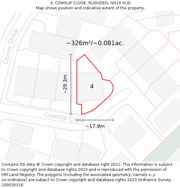 4, COWSLIP CLOSE, RUSHDEN, NN10 0UD: Plot and title map