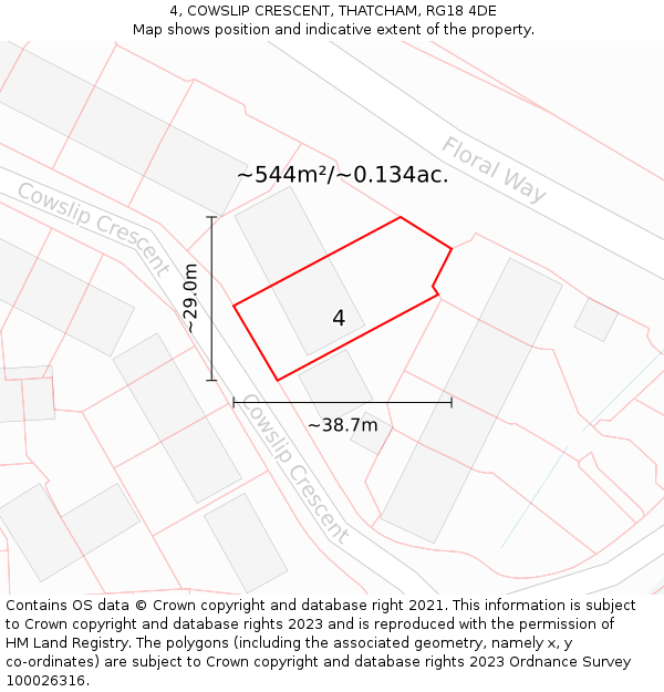 4, COWSLIP CRESCENT, THATCHAM, RG18 4DE: Plot and title map