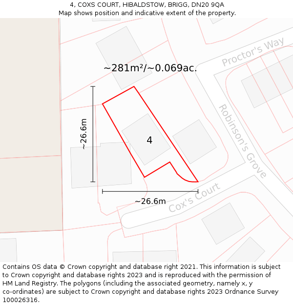 4, COXS COURT, HIBALDSTOW, BRIGG, DN20 9QA: Plot and title map