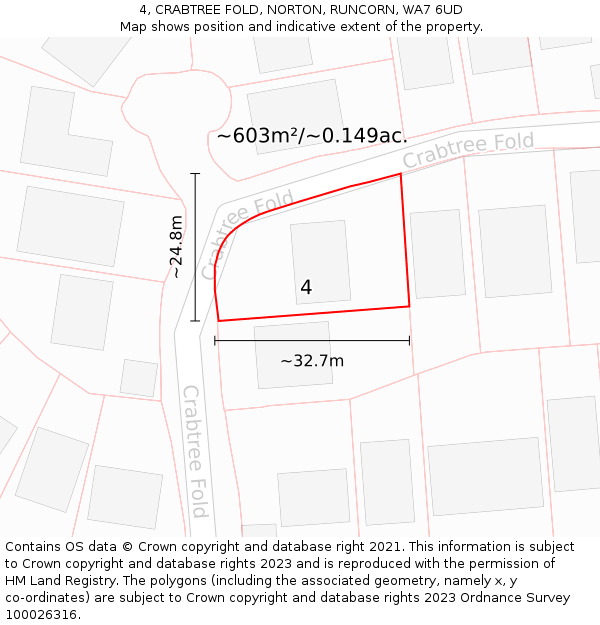 4, CRABTREE FOLD, NORTON, RUNCORN, WA7 6UD: Plot and title map