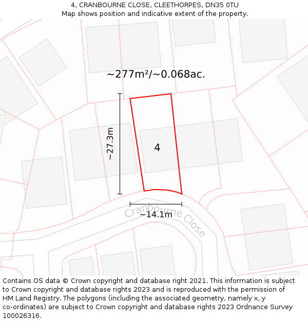 4, CRANBOURNE CLOSE, CLEETHORPES, DN35 0TU: Plot and title map
